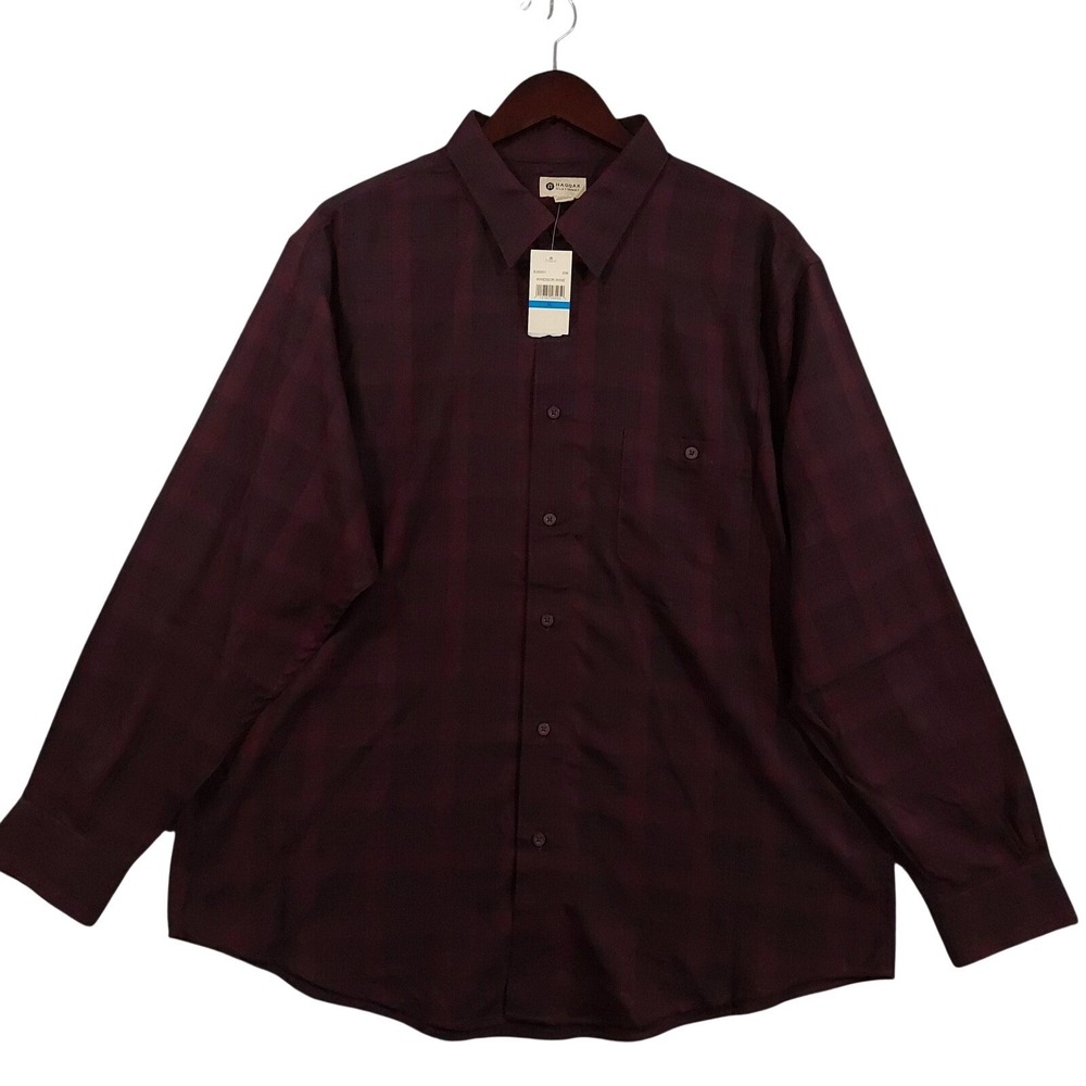 Haggar Shirt Mens XL Windsor Wine Plaid Button Up Performance Stretch NEW